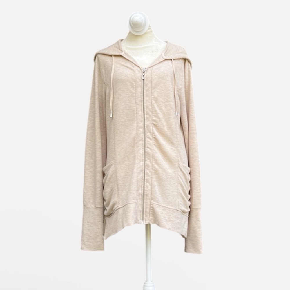 Cable & Gauge Long Zip Front Lightweight Hoodie in Oatmeal Size Large